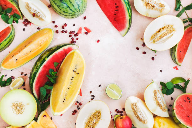 istock Assorted types of watermelons, melons , pomegranate and peaches 1169370487