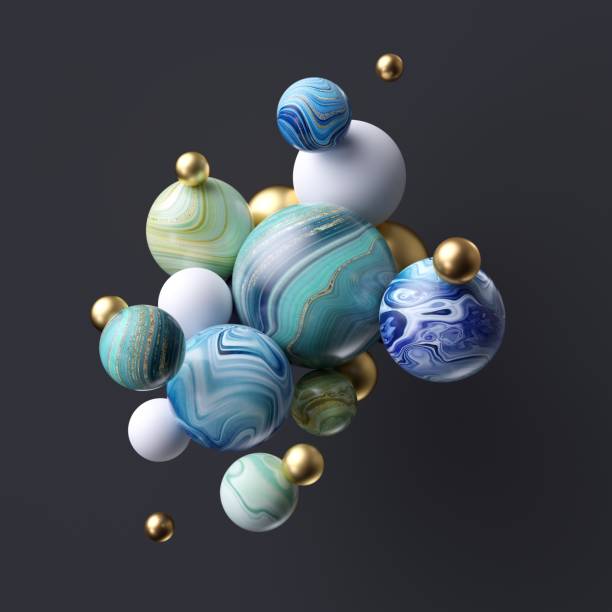 3d abstract assorted marble balls isolated on black background