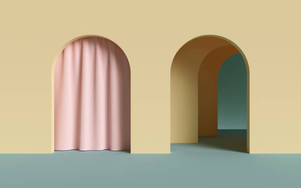 3d render, abstract minimalist geometric background, architectural concept, arch inside yellow wall, pink curtain, paper layers
