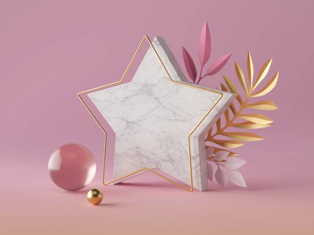 istock 3d render, white marble star shape, blank polygonal banner mockup, simple geometrical objects isolated on rose pink background, abstract luxury concept, gold ball, glass sphere, paper palm leaves 1169370794
