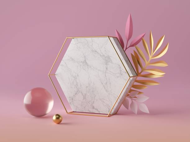 istock 3d render, white marble hexagon honeycomb shape, blank polygonal banner mockup, simple geometrical objects isolated on rose pink background, abstract luxury concept, glass gold ball, paper palm leaves 1169371091