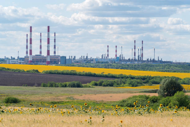 Summer rural landscape with an industrial facility stock photo