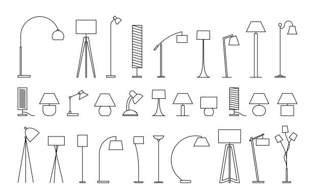 Variety of lamps for home and office. Collection of lamp icons, thin line style, vector stock illustration. floor lamp stock illustrations