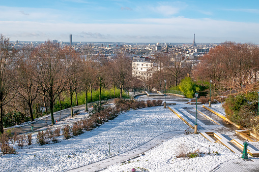 Landscape view from Park Belleville, Paris, with the ground covered by snow