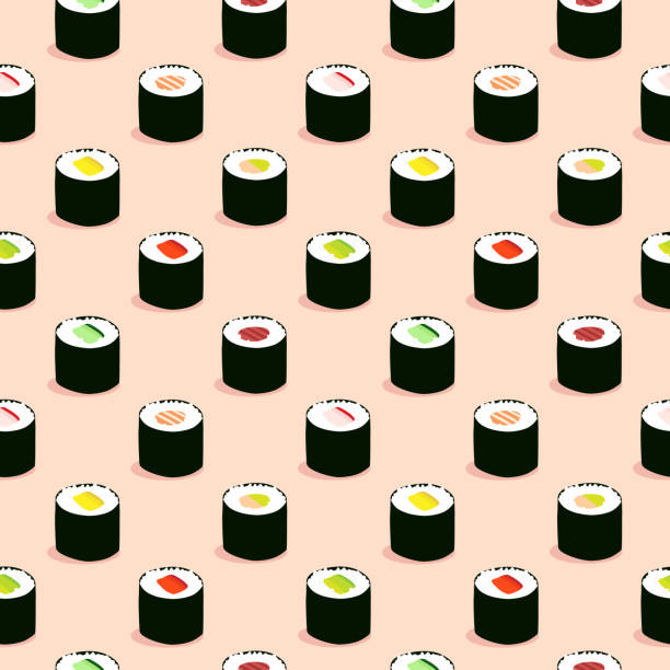 illustrazioni stock, clip art, cartoni animati e icone di tendenza di motivo illustrazione sushi maki senza cuciture, sfondo rosa - sushi