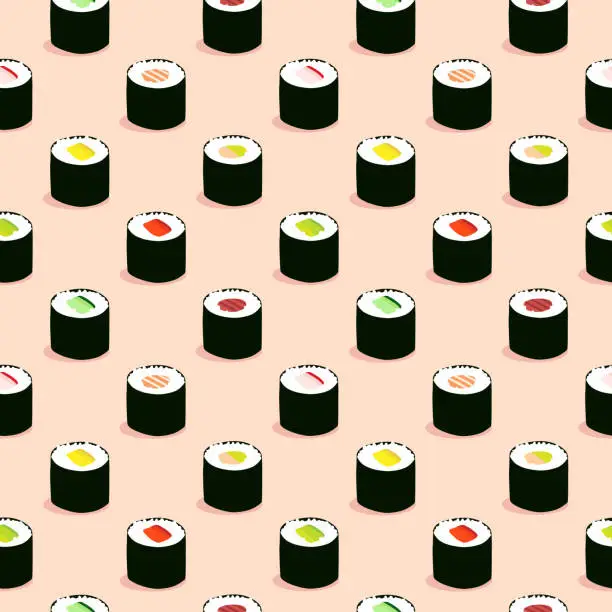 Vector illustration of Seamless maki sushi illustration pattern, pink background