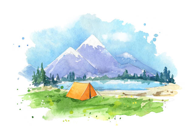 watercolour painting , camping by the lake watercolour painting , camping by the lake hiking backgrounds stock illustrations