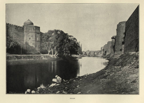 vintage-foto von river yamuna, delhi, 19. jahrhundert, indien - yamuna river stock-fotos und bilder
