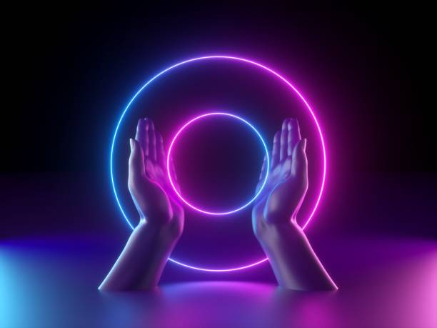 istock 3d render, abstract minimal neon background, mannequin hands, pink blue glowing ring, round shape, witch drawing mysterious symbol, occult ritual, halloween mockup, ultraviolet light, fashion concept 1169377040
