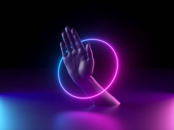 istock 3d render, abstract minimal neon background, mannequin hand in ultraviolet light, pink blue glowing ring, round frame, fashion concept, virtual reality, mysterious performance, magical trick show 1169377044