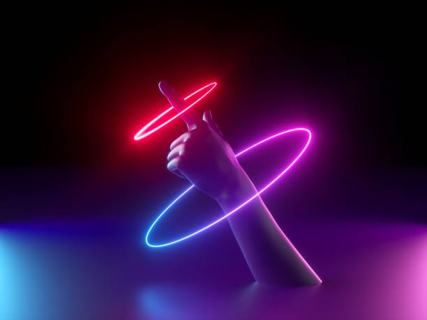 istock 3d render, abstract minimal neon background, mannequin hand, red blue glowing rings, magical trick, mysterious halloween show, ultraviolet light, fashion concept 1169377050