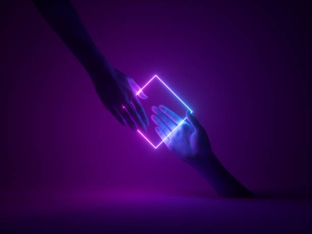 istock 3d render, abstract minimal neon background, mannequin hands interacting, pink blue glowing geometric square shape, ultraviolet light, fashion concept, virtual reality 1169377052