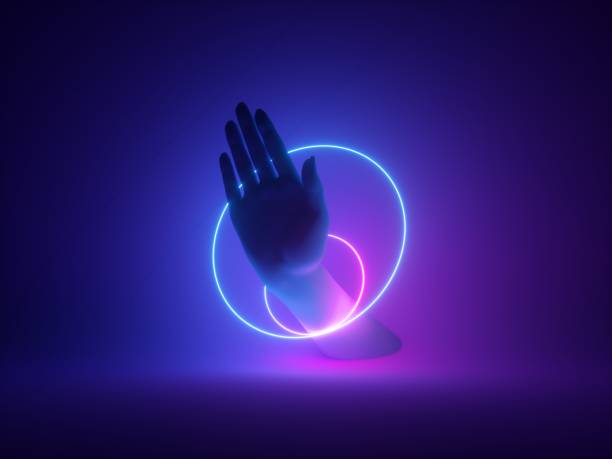 istock 3d render, neon minimal background, mannequin hand with palm, spinning rings, glowing lines, mystical design, paranormal concept, magical show, magician performance 1169377098