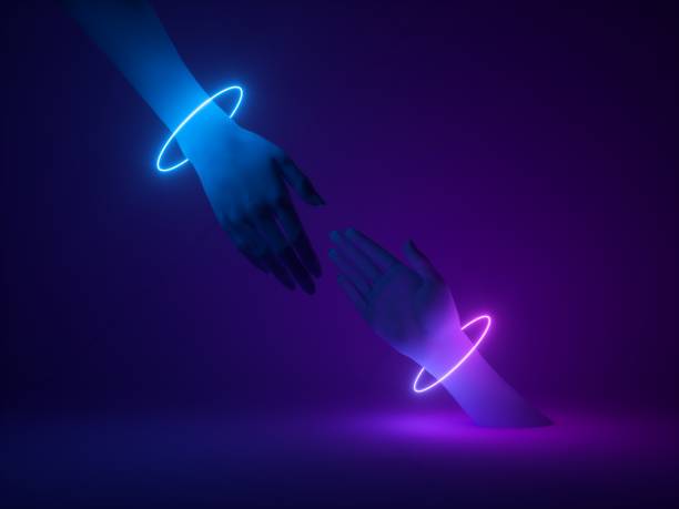 istock 3d render, abstract minimal neon background, mannequin hands in ultraviolet light, partnership support and help concept 1169377114