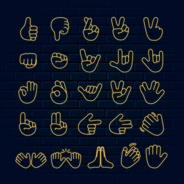 Big set of glowing neon hand emoji icons and symbols. Victory, like, rock and other different led luminous gestures and signs. Big set of glowing neon hand emoji icons and symbols. Victory, like, rock and other different led luminous gestures and signs. talk to the hand emoticon stock illustrations