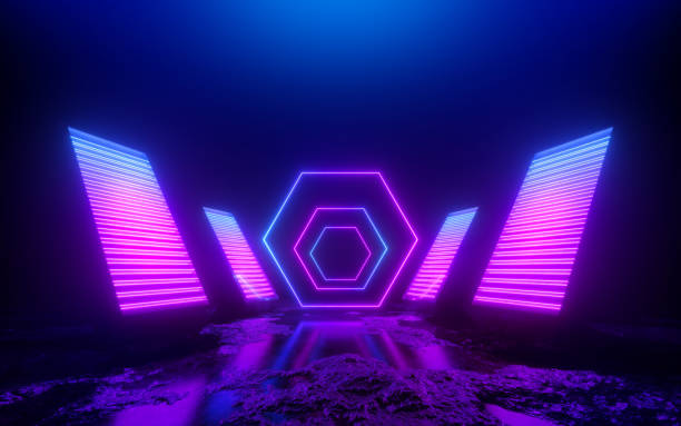 istock 3d render, pink blue violet neon abstract background, square shapes in ultraviolet light, futuristic power generating technology, glowing panels, terrain 1169378206
