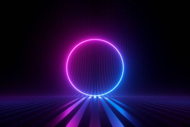 istock 3d render, pink blue neon abstract background with glowing ring shape, ultraviolet light, laser show, wall reflection, round blank frame 1169378230