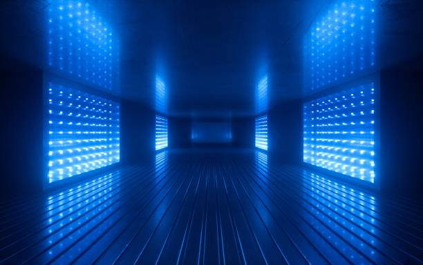 3d render, blue neon abstract background, ultraviolet light, night club empty room interior, tunnel or corridor, glowing panels, fashion podium, performance stage decorations,