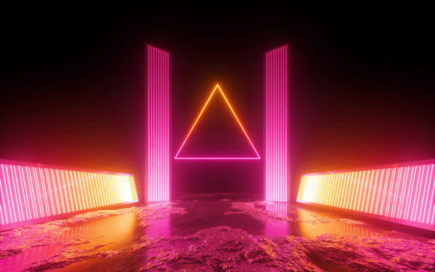 istock 3d render, red pink neon abstract background, triangular shape in ultraviolet light, futuristic power generating technology, glowing panels, terrain 1169378280