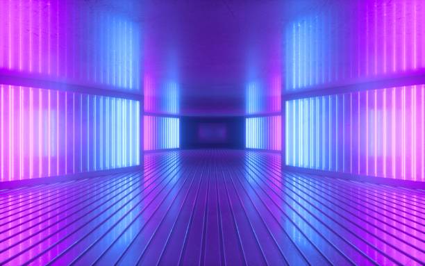 istock 3d render, blue pink violet neon abstract background, ultraviolet light, night club empty room interior, tunnel or corridor, glowing panels, fashion podium, performance stage decorations, 1169378337