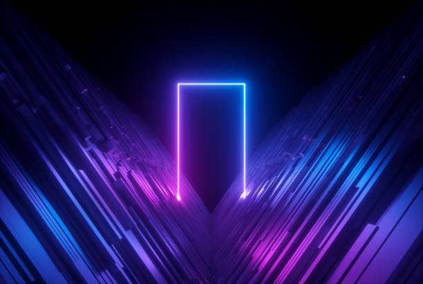 istock 3d render, pink blue neon abstract background with glowing lines, ultraviolet light, laser show, wall reflection, rectangular shape 1169378387