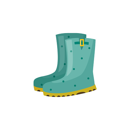 Pair of rubber boot in turquoise color - waterproof autumn footwear for seasonal design in flat style. Isolated vector illustration of gumboots for protection against water and puddles.