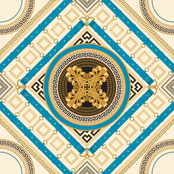 Fashionable Golden chains, diagonal jewelry accessories, blue belts and straps seamless rhombus pattern on a beige background. Baroque silk textile print, Batik fashion ornament, meander wallpaper Fashionable Golden chains, diagonal jewelry accessories, blue belts and straps seamless rhombus pattern on a beige background. Baroque silk textile print, Batik fashion ornament, meander wallpaper ring tilt stock illustrations