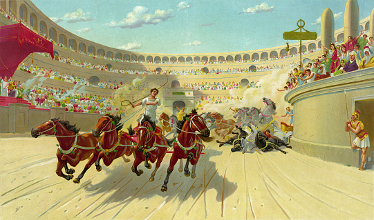 Vintage illustration features a chariot race in the times of Ancient Rome.