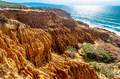 Coastline sandstone cliffs by the ocean at Torrey Pines State Park and Reserve in La Jolla, San Diego in southern California. Captivating views of unique landscape rock formation along the beach coast