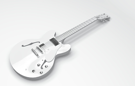 Blank white electric guitar mockup, front and back, 3d rendering. Empty pick-up classic instrumental mock up, isolated, top view. Clear electronic bas-guitar for song mokcup template.