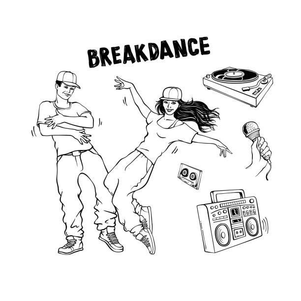 젊은 남자와 여자 춤과 다양한 힙합과 랩 음악 플레이어와 브레이크 댄스 스타일 세트. - dancing breakdancing street city life stock illustrations