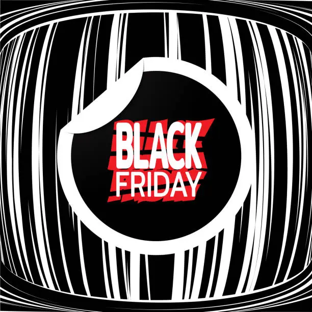Vector illustration of Black Friday label on striped old tv screen. Stylish Sale theme. Template for use on flyer, poster, booklet, banner. Vector