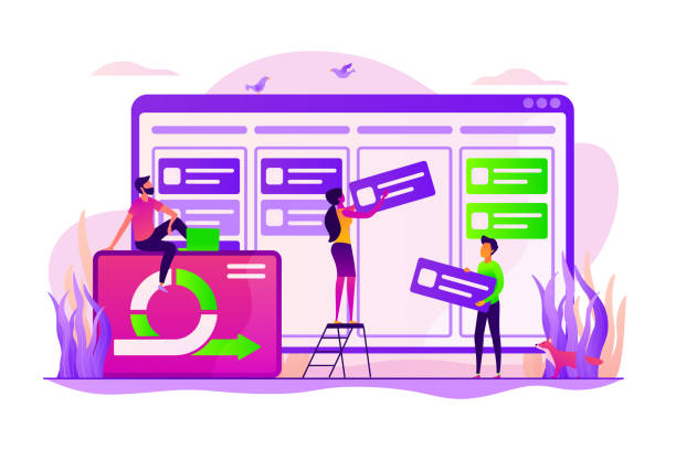 Kanban board concept vector illustration Work schedule organization, time planning and workflow managing. Kanban board, teamwork communication process, agile project management concept. Vector isolated concept creative illustration agile workflow stock illustrations