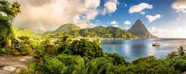 Photo of St. Lucia - Caribbean Sea with Pitons and Rainbow