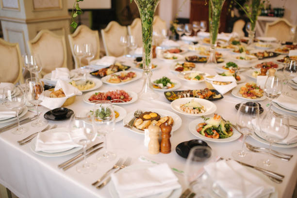 istock Table with mixed food. Banquet in restaurant, table setting. Differend meals for the guests. Fresh food 1169402520