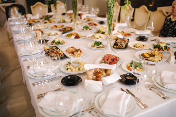 istock Table with mixed food. Banquet in restaurant, table setting. Differend meals for the guests. Fresh food 1169402594