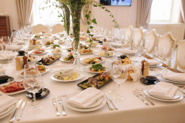 istock Table with mixed food. Banquet in restaurant, table setting. Differend meals for the guests. Fresh food 1169404546