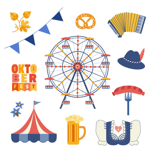 Beer Fest hand drawn flat color vector icons set Hand drawn Beer Fest flat color vector icon set. Beer Fest fair event celebration design element. Bavarian beer festival tent. Traditional beer mug, Ferris wheel at fest beer garden illustration beer garden stock illustrations