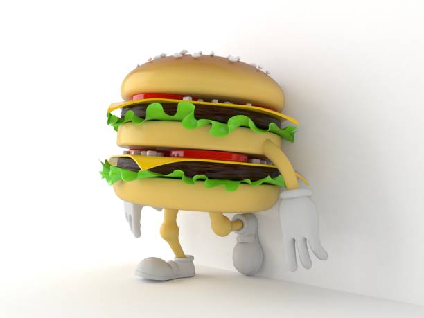 istock Hamburger character leaning on wall on white background 1169410917