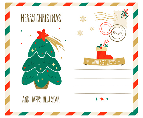 Merry Christmas greeting postcard with Christmas eve and elements