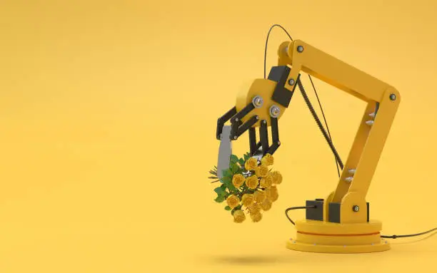 Photo of Industrial robot isolated on a yellow background. Robotic hand holds a bouquet of yellow roses. Conceptual creative image of artificial intelligence with copy space. 3D render