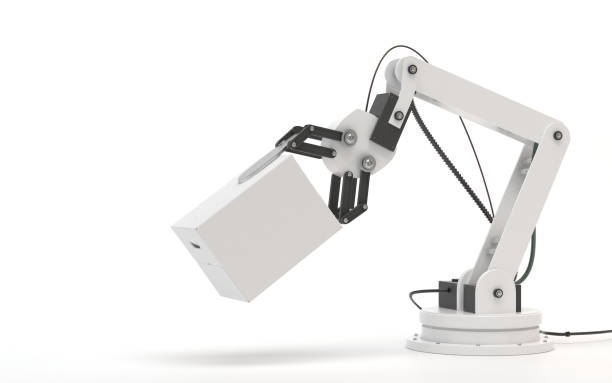 istock Industrial robot isolated on a white background. Robotic hand holds a white blank box. Conceptual creative image of artificial intelligence with copy space. 3D render 1169413027