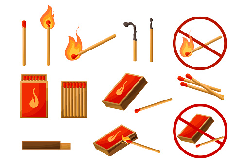 Matches big set. Burning match with fire, opened matchbox, charcoal. Lights. Sign no fire. Vector illustration cartoon style isolated on white background.
