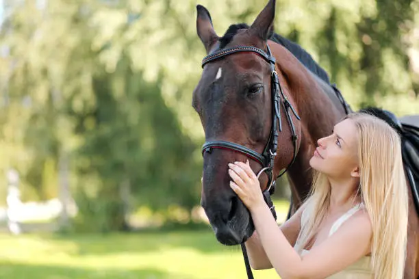 Photo of Young attractive blond woman hugs a brown horse.