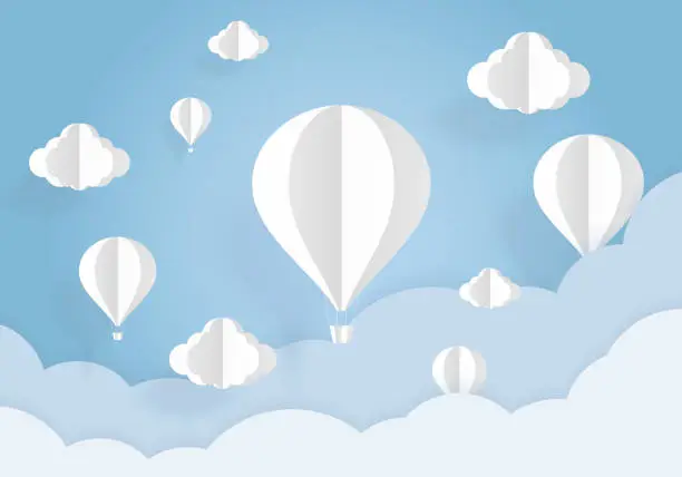 Vector illustration of Air balloons in the blue sky with white clouds paper cut. Paper art and origami style.