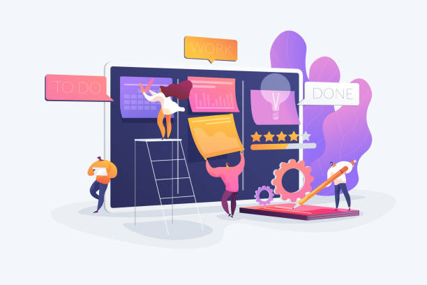 Kanban board concept vector illustration Workflow organization. Office work and time management. Kanban board, teamwork communication process, agile project management concept. Vector isolated concept creative illustration agile workflow stock illustrations