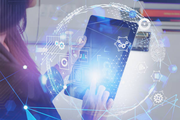 istock Woman with tablet in office, business interface 1169417525