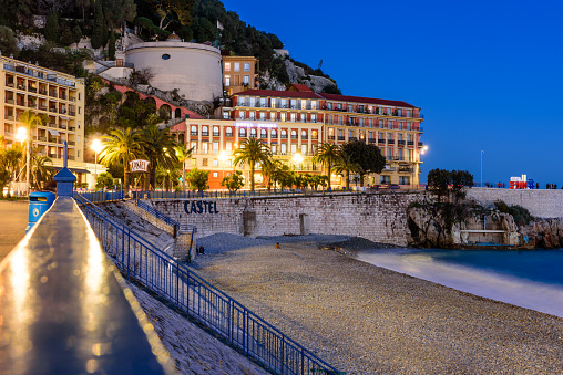 Nice, France - March 7, 2018: Cote d'azur, France. Beautiful night view of Nice. Luxury resort of French riviera.