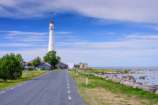 Sightseeing of Hiiumaa island. Tahkuna lighthouse is a popular landmark and scenic location on the Baltic sea coast, Hiiumaa island, Estonia