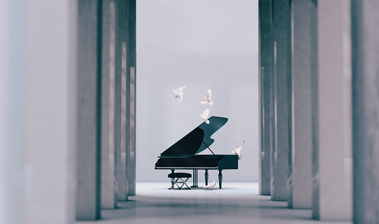 Grand piano in cement and concrete interior architecture. Art and musical instruments.
